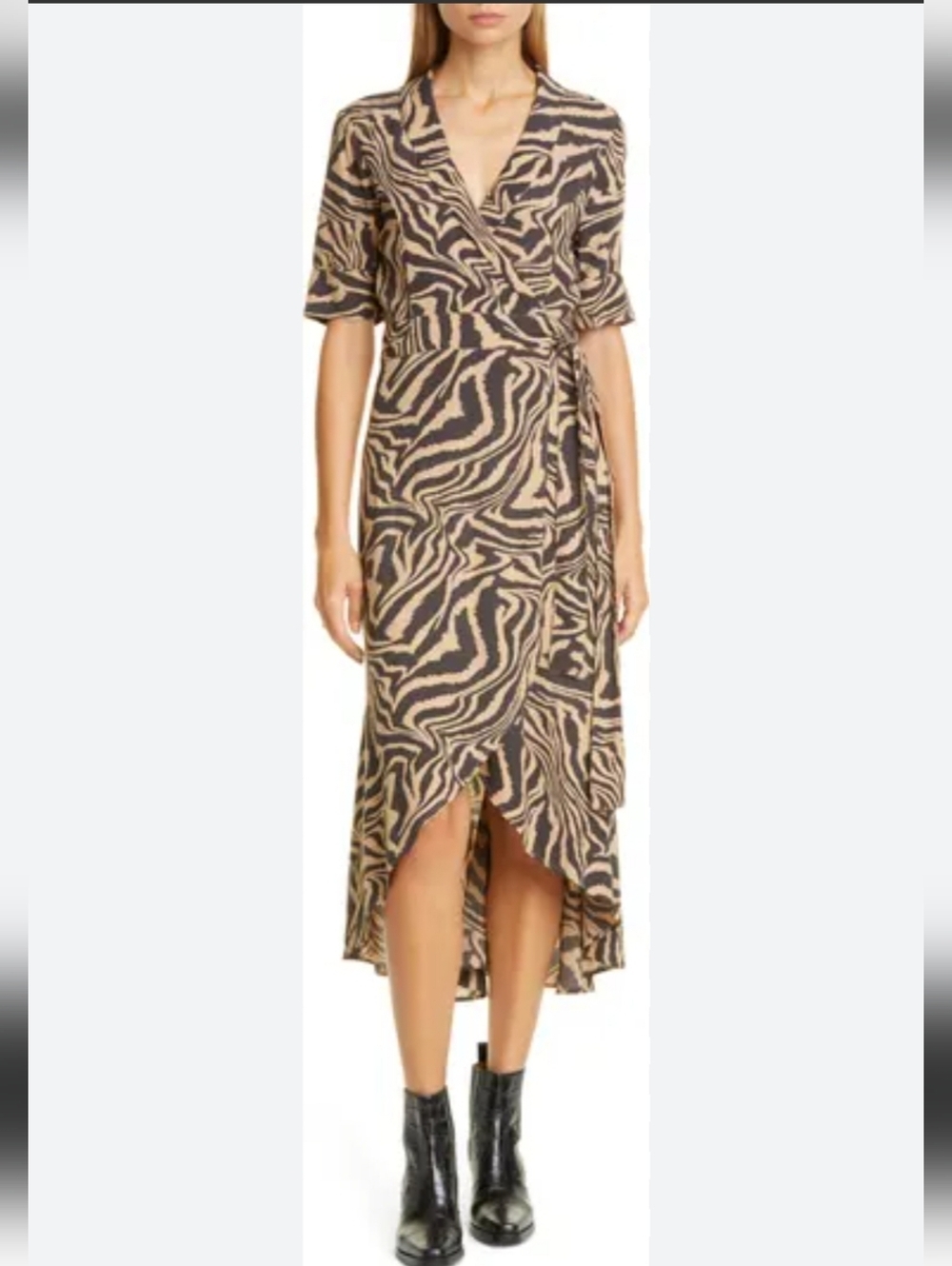 GANNI Tiger Print Viscose Wrap Midi Dress Tan Black Size 38 / US M